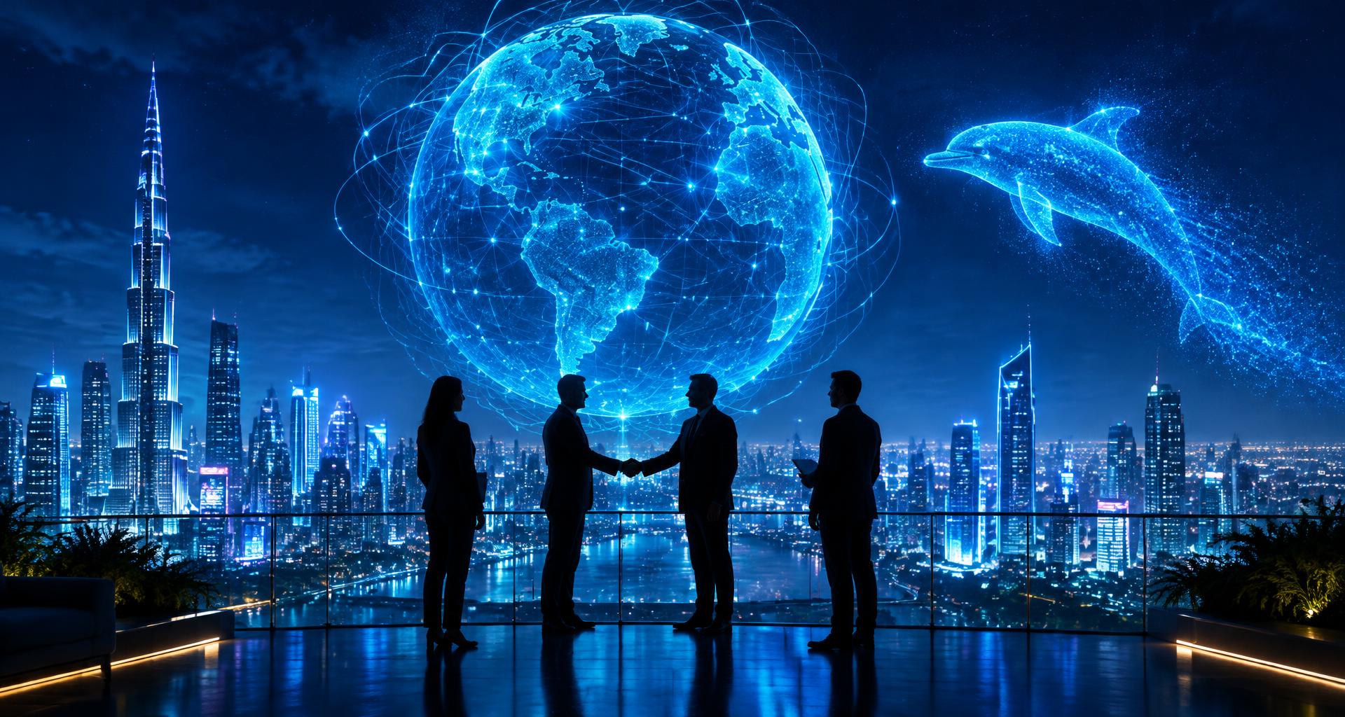 Business partners shaking hands on a rooftop under a glowing digital globe